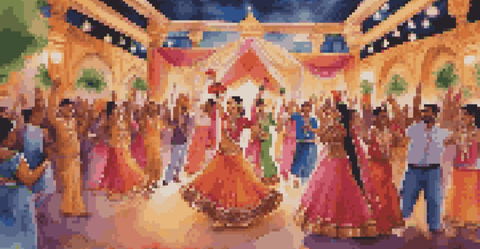 A lively Indian wedding with traditional dancers in colorful clothing, surrounded by decorations and flowers, in a warm and festive atmosphere.