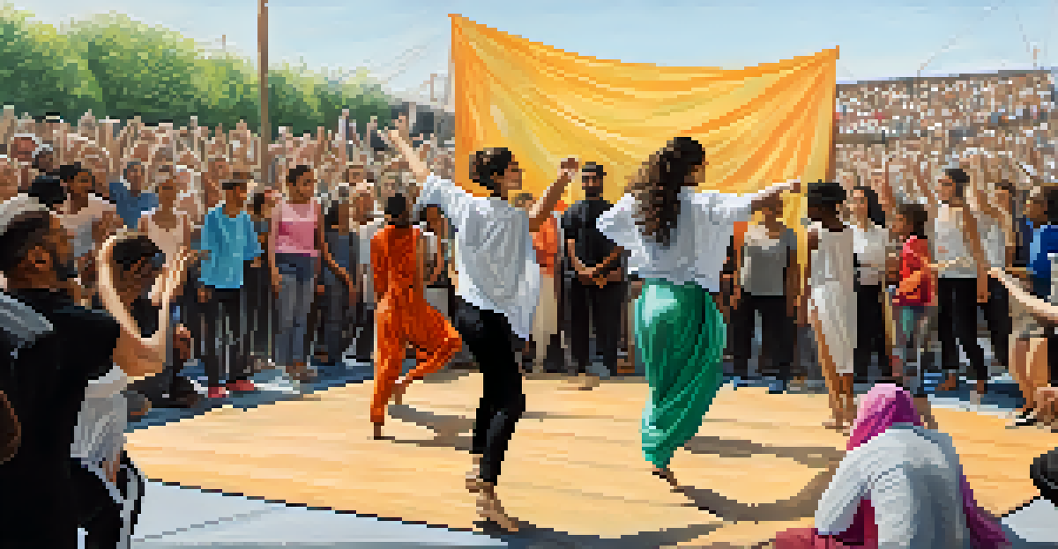 Dancers on an outdoor stage performing a collaborative piece about resilience, with an attentive audience and banners advocating for refugee rights in the background.