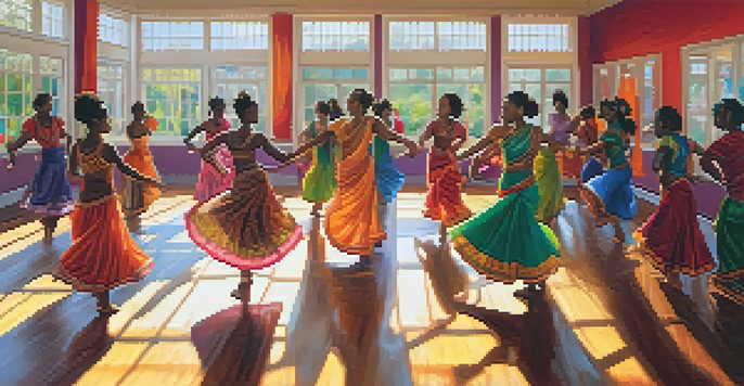 A diverse group of dancers in a bright studio, showcasing traditional dance styles from different cultures.