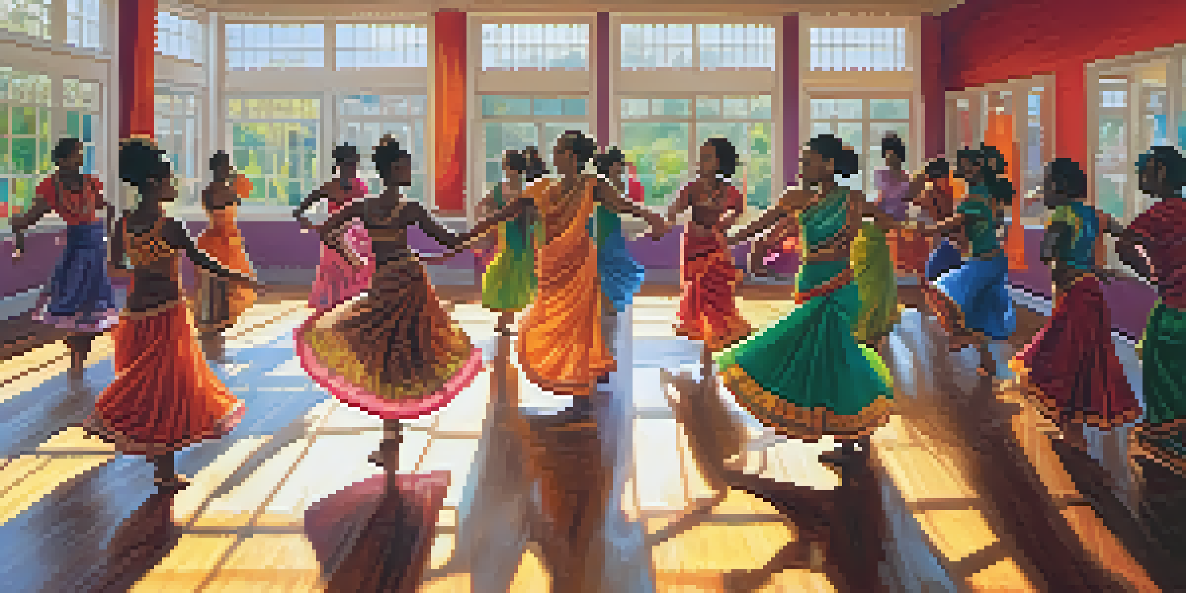 A diverse group of dancers in a bright studio, showcasing traditional dance styles from different cultures.