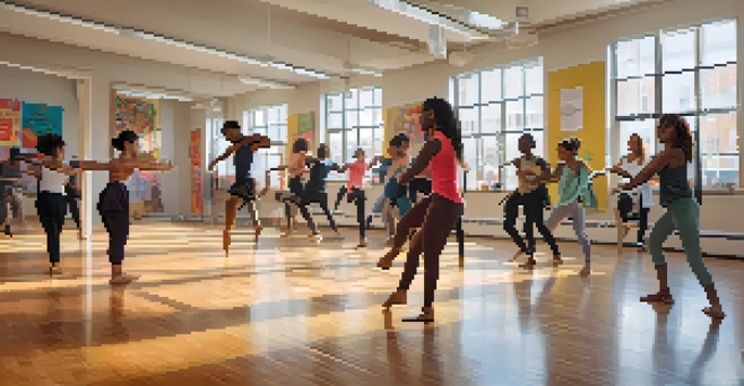 A dance studio with students of different backgrounds practicing contemporary dance, illuminated by natural light, with colorful mats and diverse dance style posters on the walls.