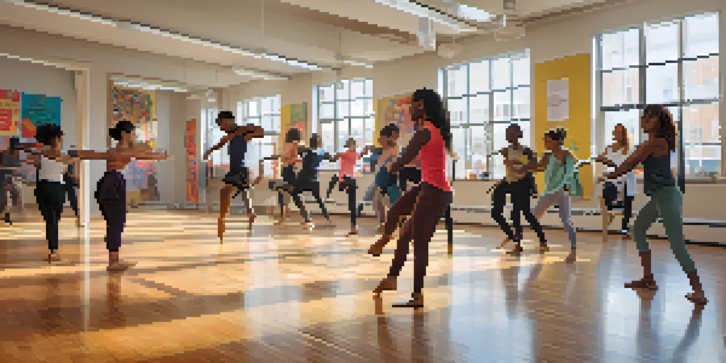 A dance studio with students of different backgrounds practicing contemporary dance, illuminated by natural light, with colorful mats and diverse dance style posters on the walls.