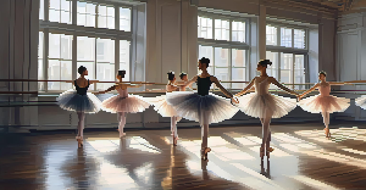 A group of diverse ballet dancers rehearsing in a sunlit studio, showcasing energy and unity.