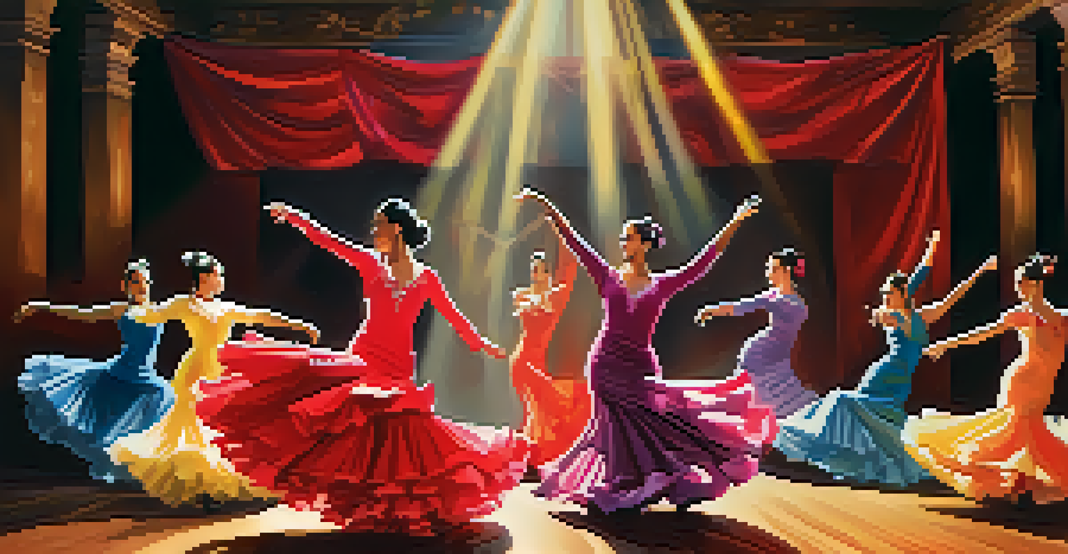 A diverse group of flamenco performers on stage, showcasing a blend of traditional and modern dance styles in a vibrant setting.