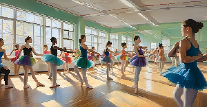 A lively dance classroom with diverse students practicing different dance styles, illuminated by natural light from large windows.
