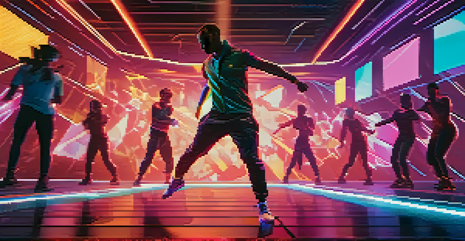 A character practicing a dance move in a modern video game studio with motion capture equipment and colorful background lights.