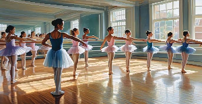A diverse group of ballet students practicing in a well-lit dance studio, showcasing their colorful outfits and expressive poses.