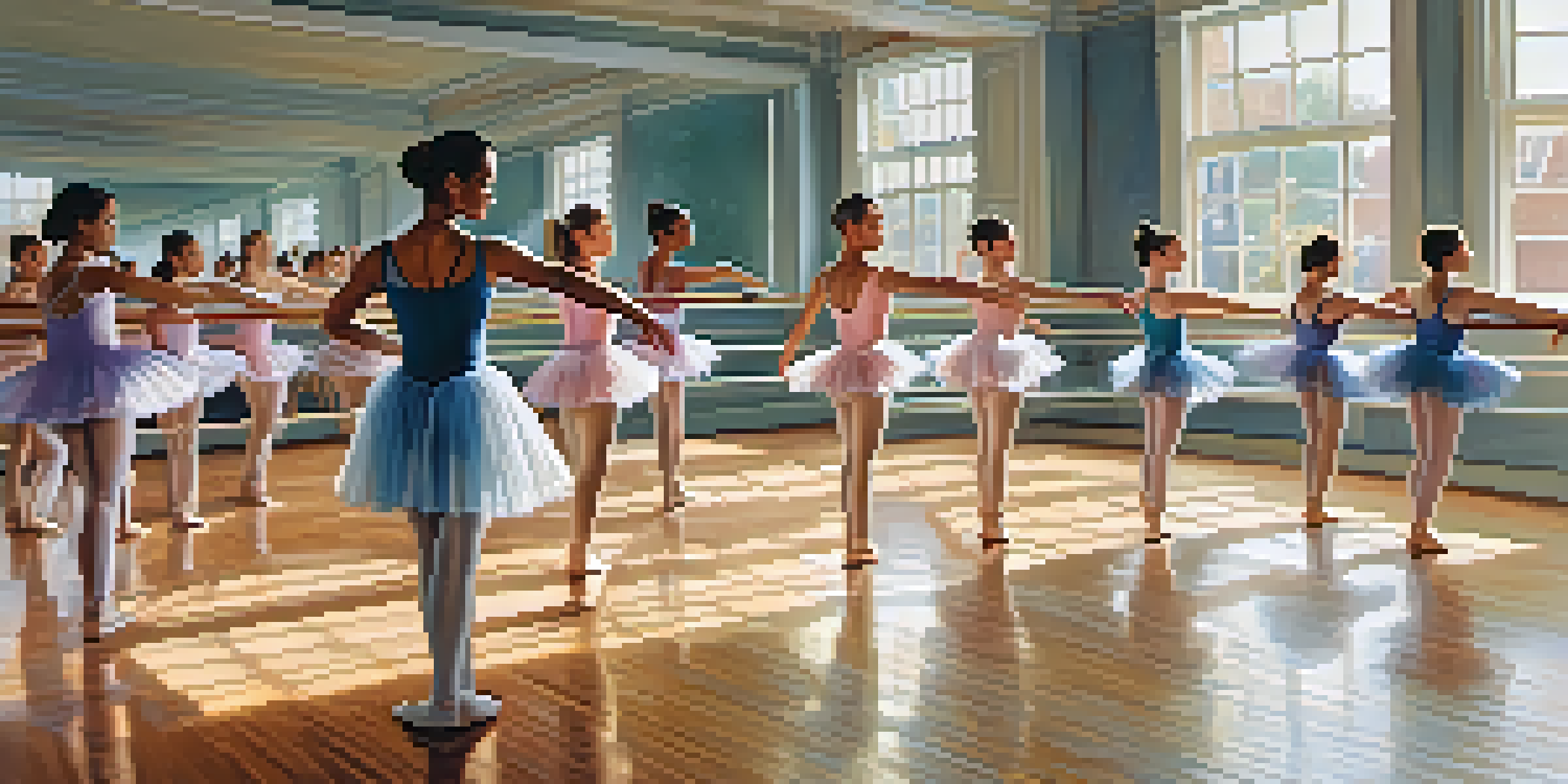 A diverse group of ballet students practicing in a well-lit dance studio, showcasing their colorful outfits and expressive poses.