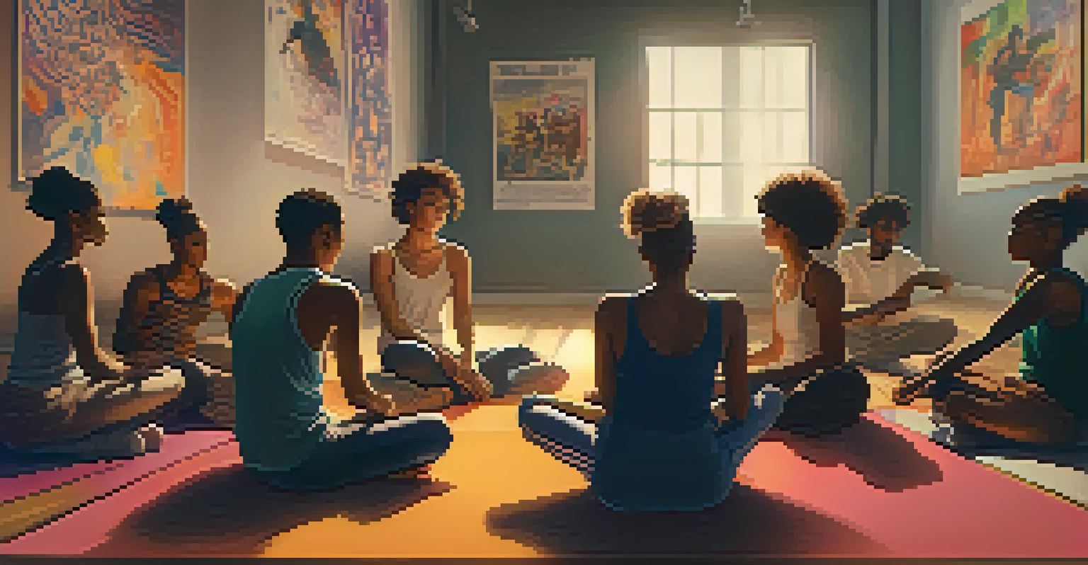 A group of dancers sitting in a circle discussing their performances during a peer feedback session in a vibrant dance studio.