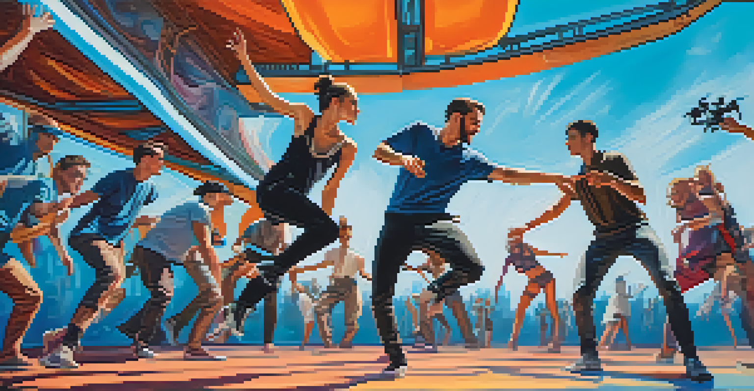 A choreographer directing dancers with cameras and drones in an outdoor setting, showcasing high-energy dance styles.