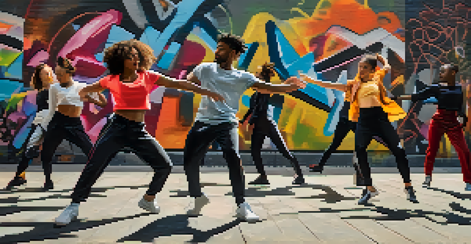 A group of diverse contemporary dancers in dynamic poses in front of a graffiti-covered wall, illuminated by natural sunlight.