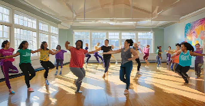A diverse group of students dancing in a bright and colorful dance studio, with an instructor demonstrating moves, emphasizing inclusivity and joy.