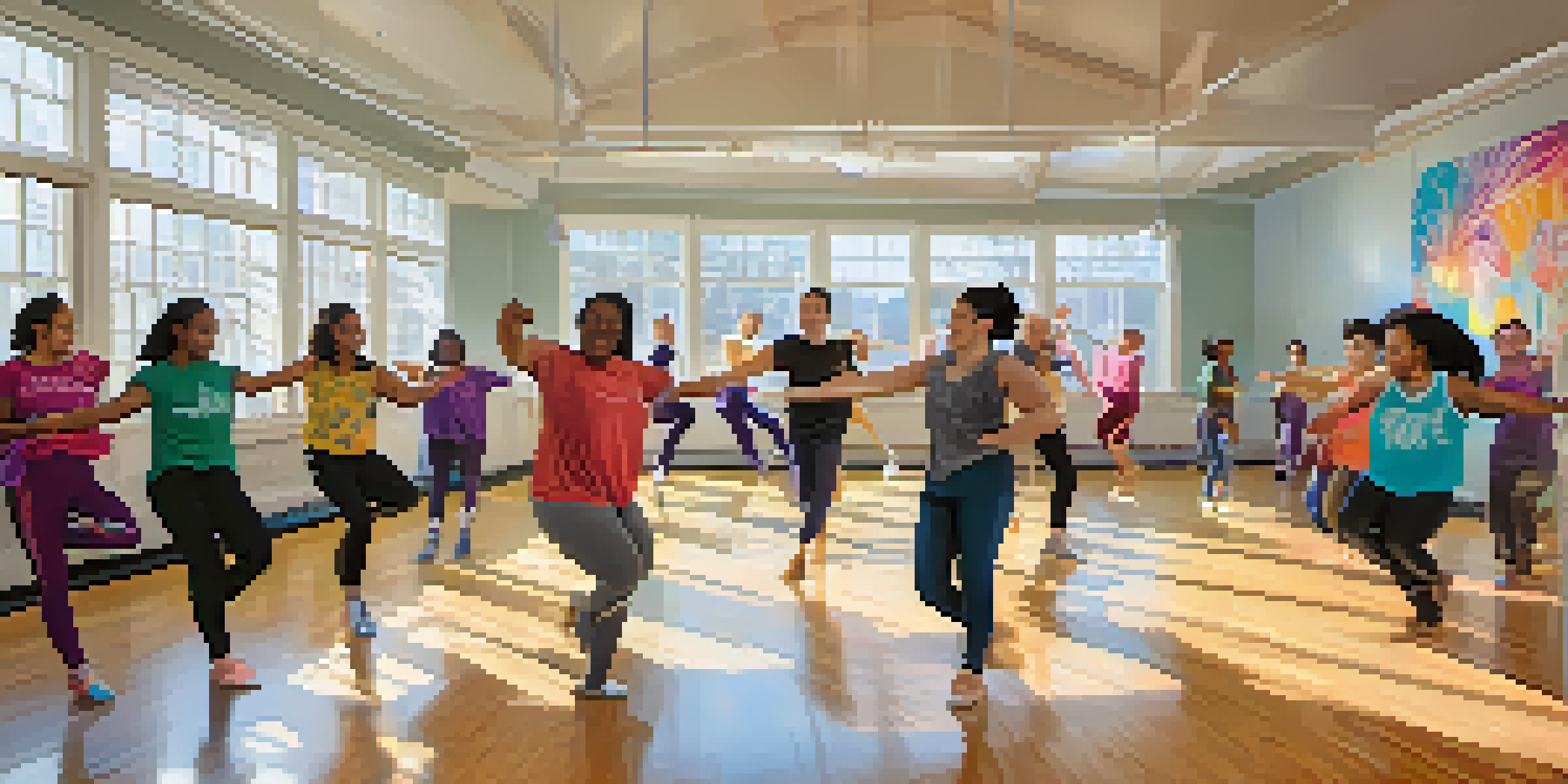 A diverse group of students dancing in a bright and colorful dance studio, with an instructor demonstrating moves, emphasizing inclusivity and joy.
