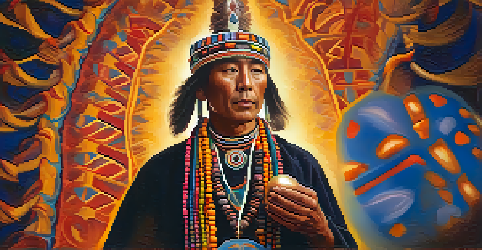 A close-up of a shaman holding a ceremonial rattle, with dancers blurred in the background.