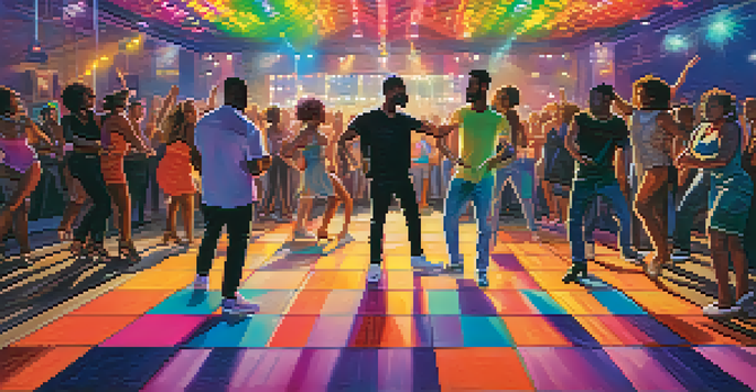 A colorful dance floor with people of different backgrounds dancing joyfully, illuminated by bright lights.