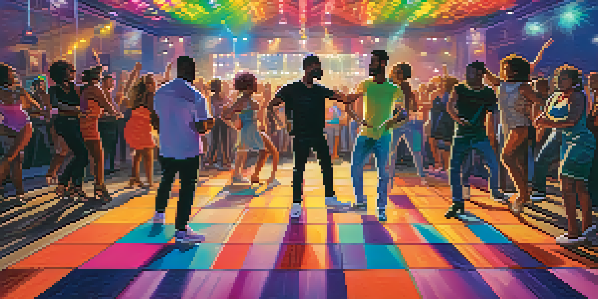 A colorful dance floor with people of different backgrounds dancing joyfully, illuminated by bright lights.
