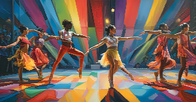 A group of diverse dancers performing on stage, showcasing a blend of traditional and modern attire with vibrant lighting and abstract background.