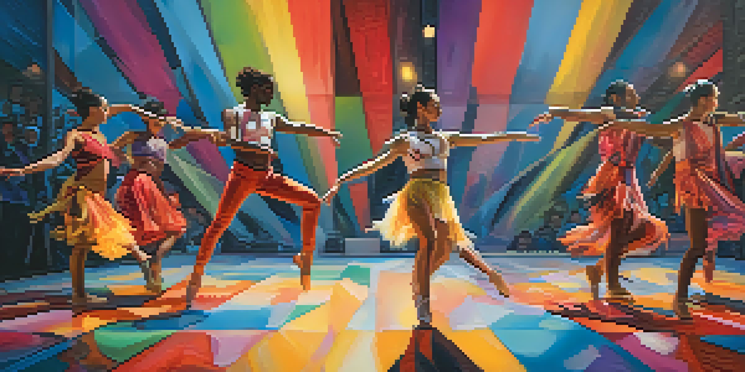 A group of diverse dancers performing on stage, showcasing a blend of traditional and modern attire with vibrant lighting and abstract background.