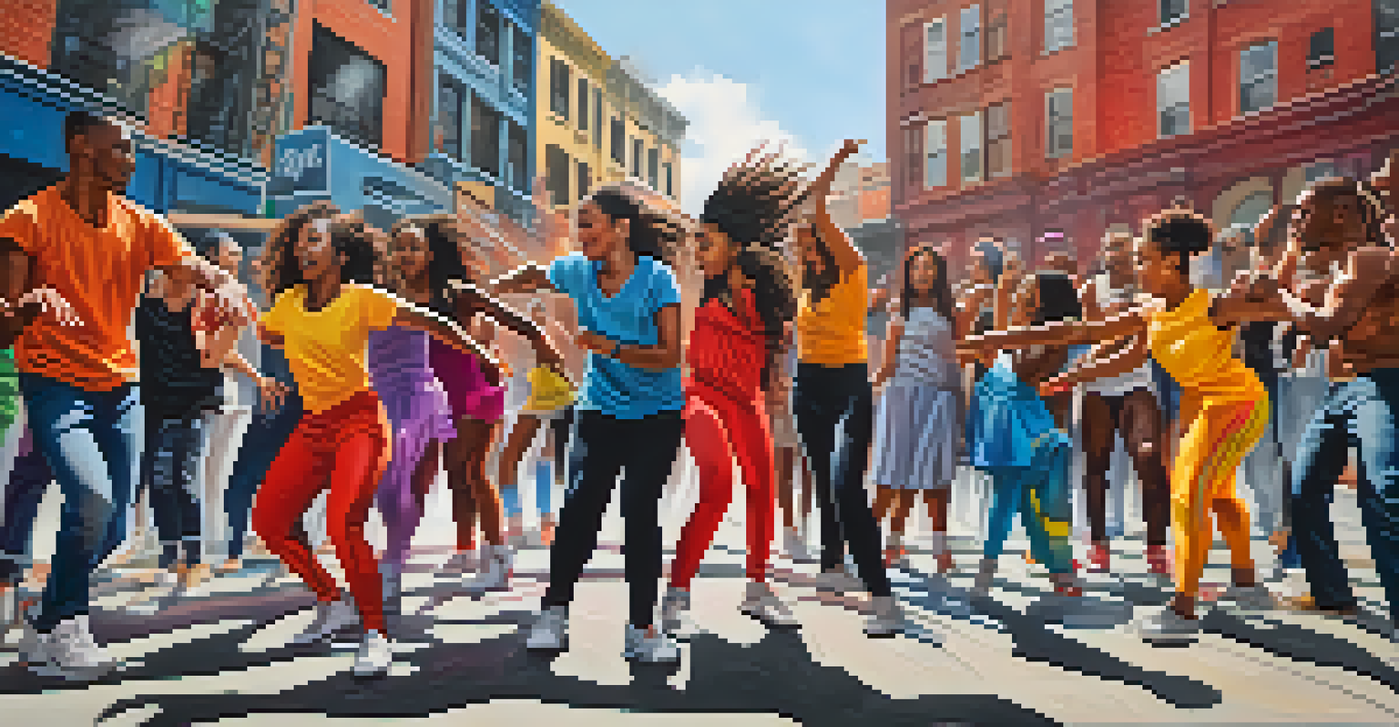 A dynamic street dance performance promoting social justice, with diverse dancers and vibrant graffiti in the background.