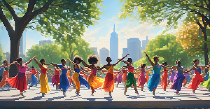 A diverse group of dancers performing in a sunlit urban park, expressing unity and social justice through vibrant movements.