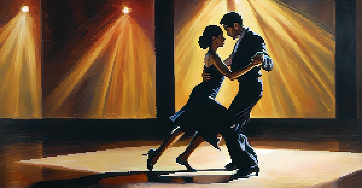 A dramatic film scene of a couple performing a passionate tango on a dimly lit stage, with an emphasis on their expressions and movements.