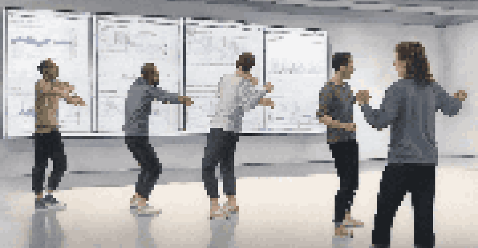 A choreographer and coder working together in a studio, surrounded by screens showing live data and audience interactions.