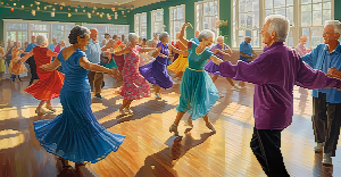 A lively ballroom dance class with seniors dancing together, showcasing their colorful outfits and a bright, welcoming environment.