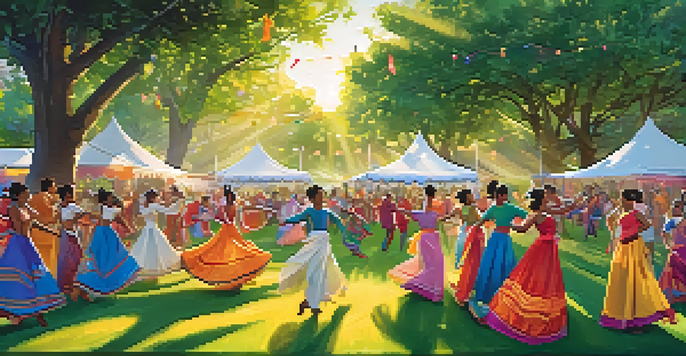 A colorful outdoor dance festival with diverse participants in traditional and modern costumes, celebrating culture and climate action.