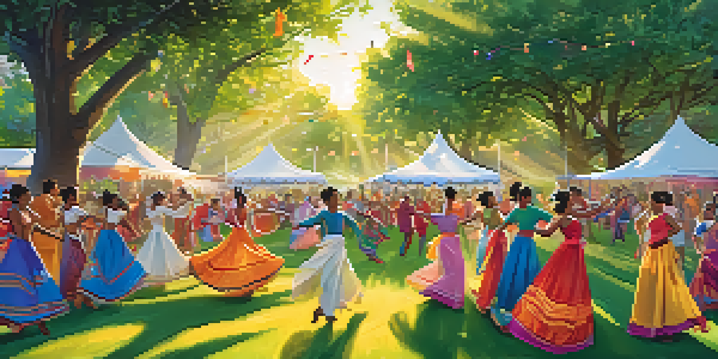 A colorful outdoor dance festival with diverse participants in traditional and modern costumes, celebrating culture and climate action.