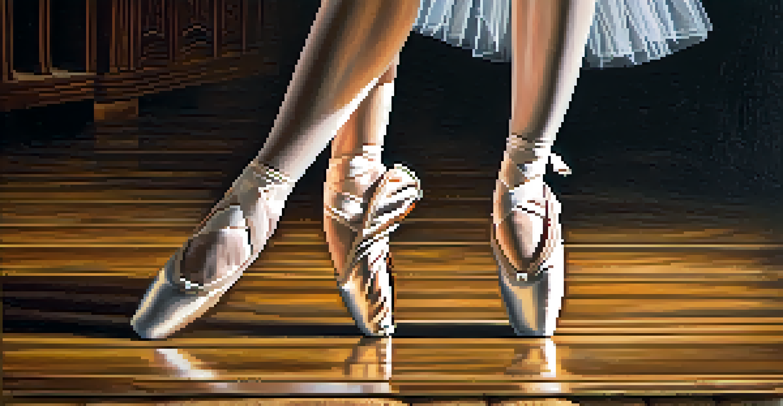 Close-up of a dancer's feet in ballet shoes on a wooden stage, capturing the details of the shoes and the texture of the wood.