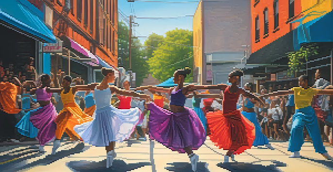 Diverse dancers performing in a colorful urban setting, blending traditional and contemporary dance styles.