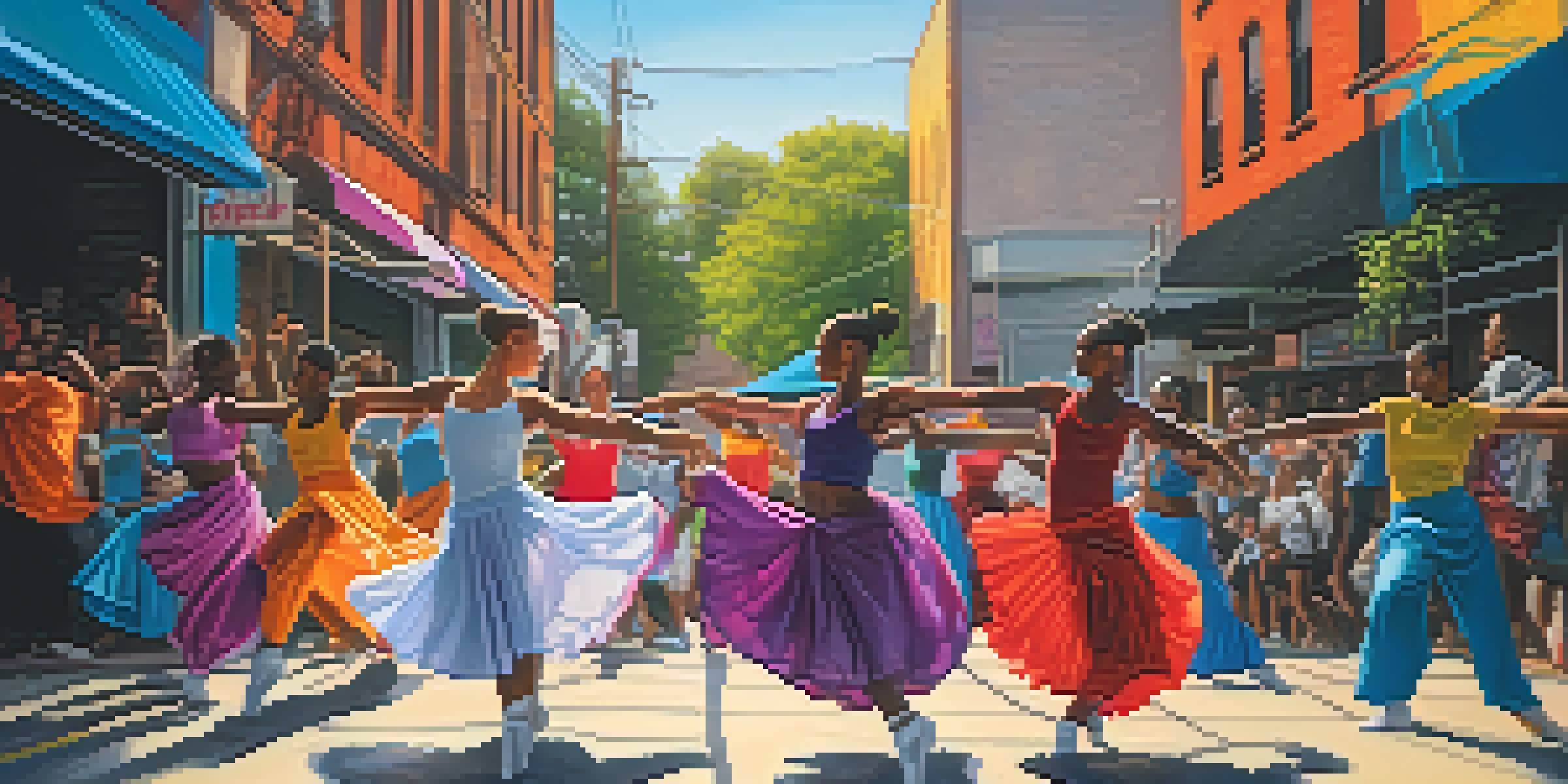 Diverse dancers performing in a colorful urban setting, blending traditional and contemporary dance styles.