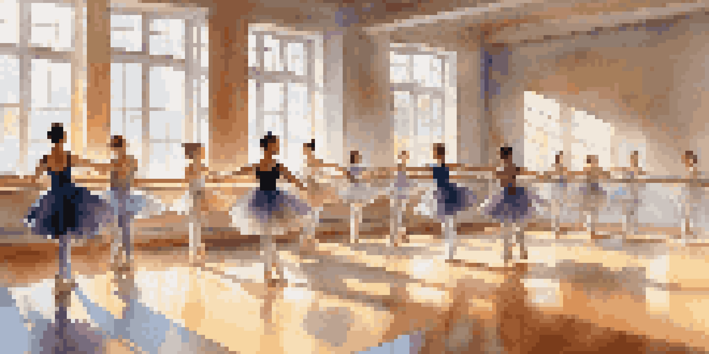 A bright dance studio filled with diverse students practicing ballet, with sunlight streaming in and reflections in mirrors.