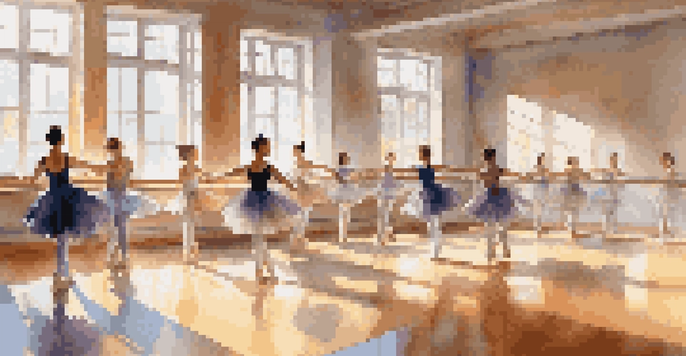 A bright dance studio filled with diverse students practicing ballet, with sunlight streaming in and reflections in mirrors.