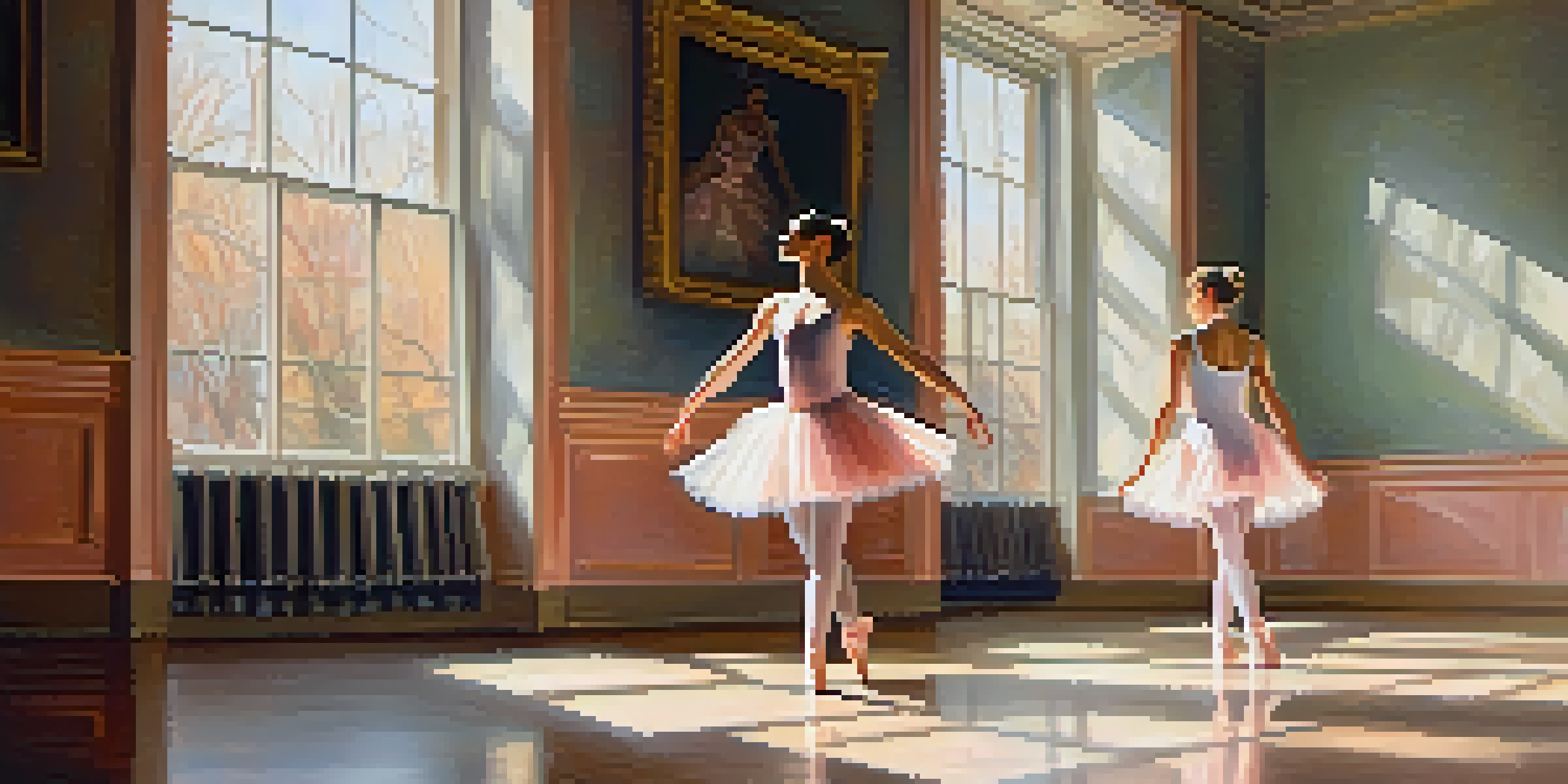 A ballet dancer in a dance studio, surrounded by mirrors and soft sunlight.