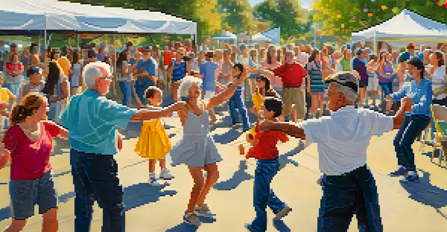 Seniors dancing with children and young adults in a vibrant community park during an intergenerational dance event.