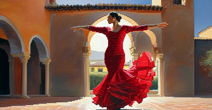A Flamenco dancer in a traditional red dress performing in a sunny Spanish courtyard, with dynamic shadows and colorful details.