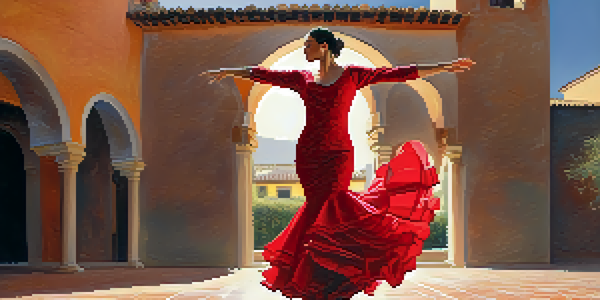 A Flamenco dancer in a traditional red dress performing in a sunny Spanish courtyard, with dynamic shadows and colorful details.