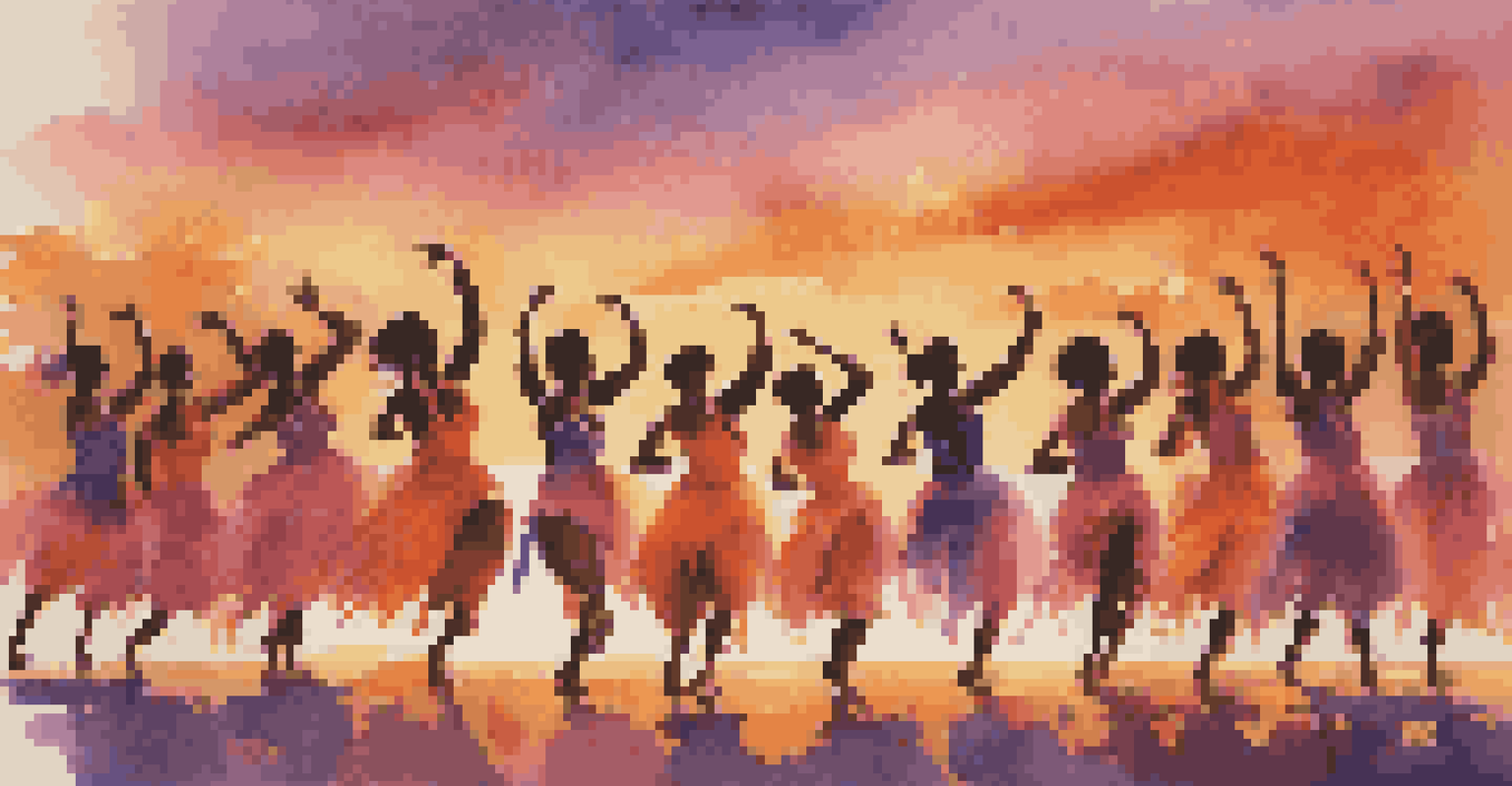 A group of dancers performing energetically on a street during sunset, with warm colors in the sky.