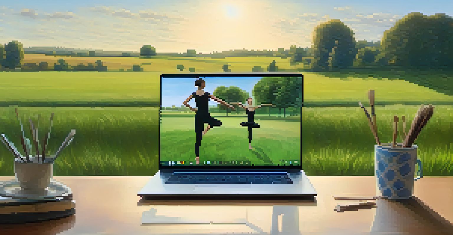 A split-screen image showing a dancer practicing in a rural area and a virtual dance class on a laptop, representing the blend of tradition and technology.