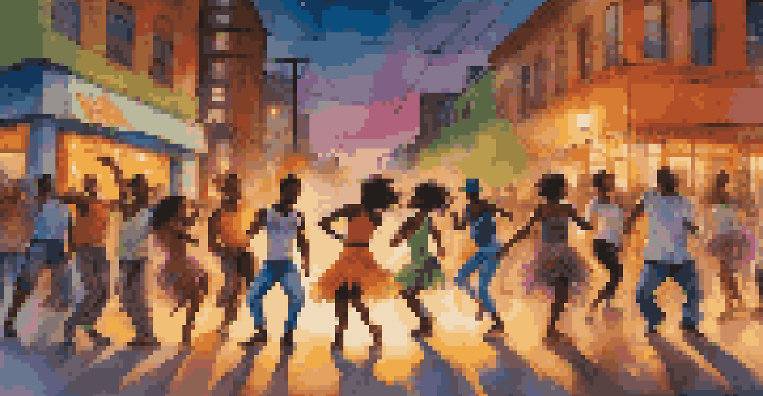 A group of diverse dancers performing on a vibrant urban street at dusk.