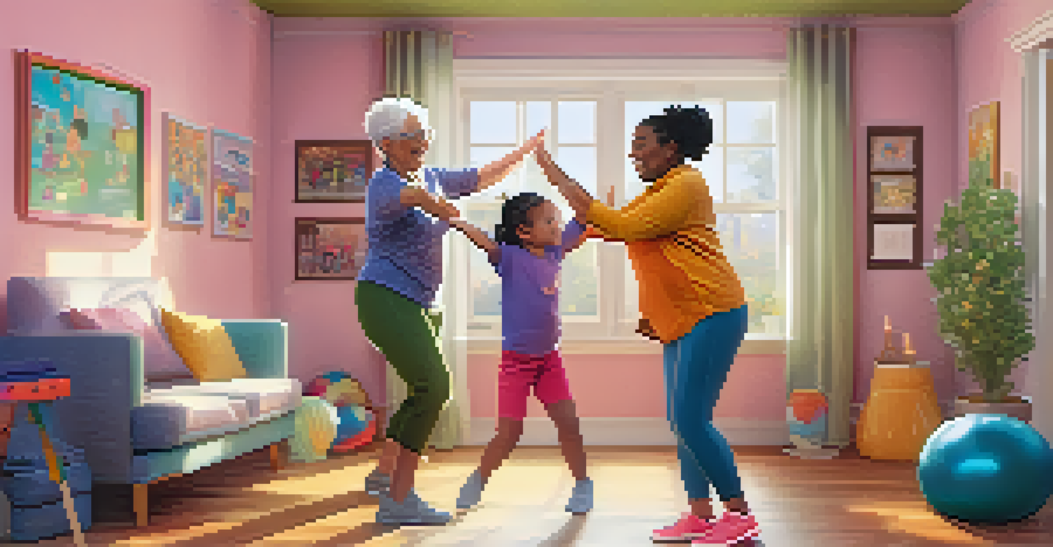 A grandmother and grandchild taking a virtual dance class together, each in their own home, connected through the screen with playful visuals.