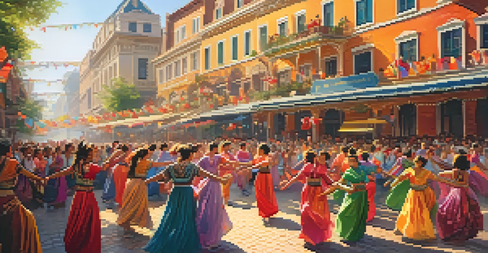 A lively urban street filled with people watching dancers in colorful costumes during a dance festival, with historic buildings in the background.