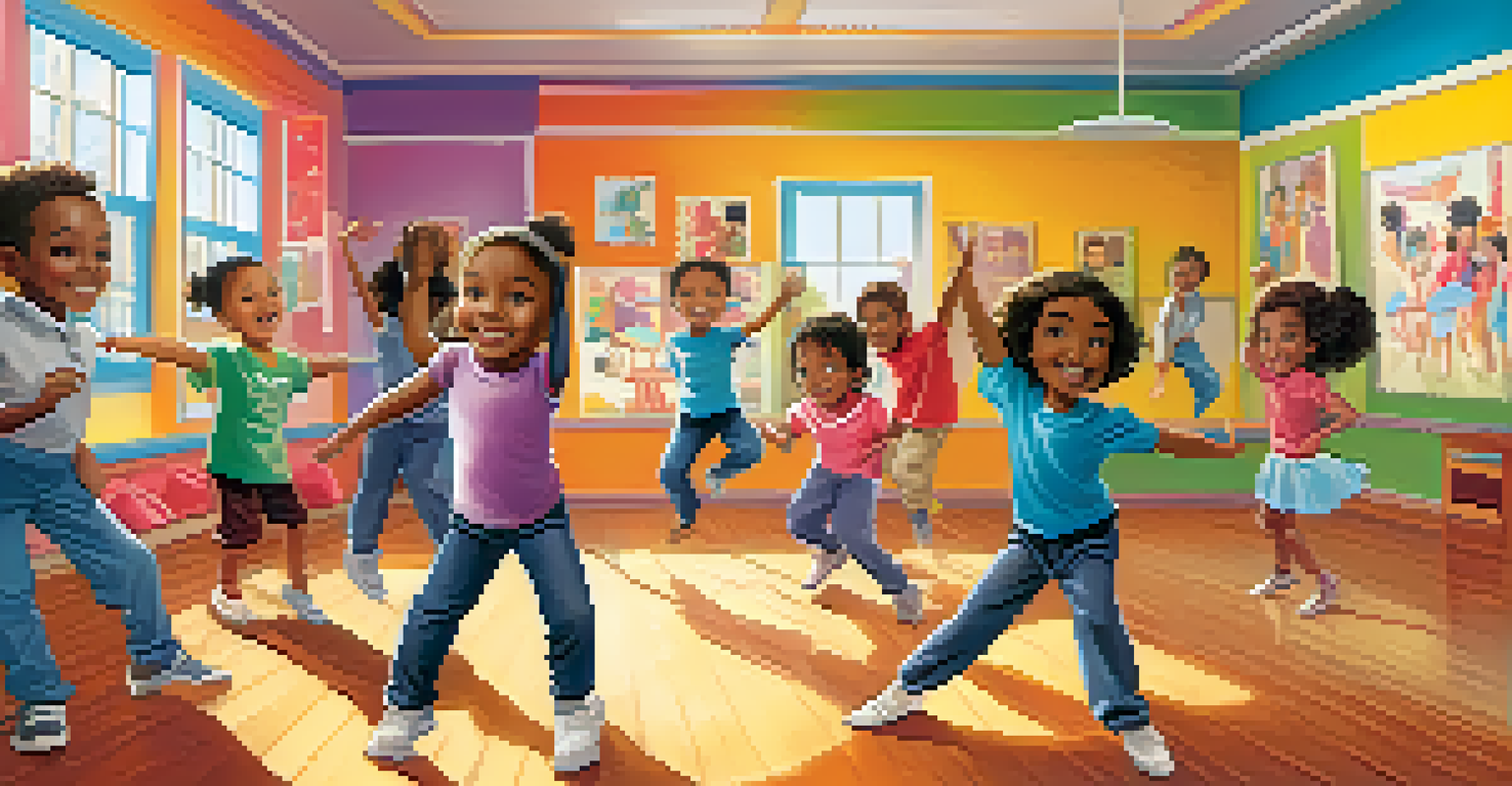 Children happily learning dance steps in a colorful classroom, guided by a friendly instructor with posters of dancers around them.