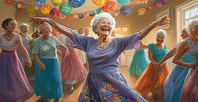 An elderly woman dancing joyfully in a bright room surrounded by other seniors, all expressing happiness through movement.