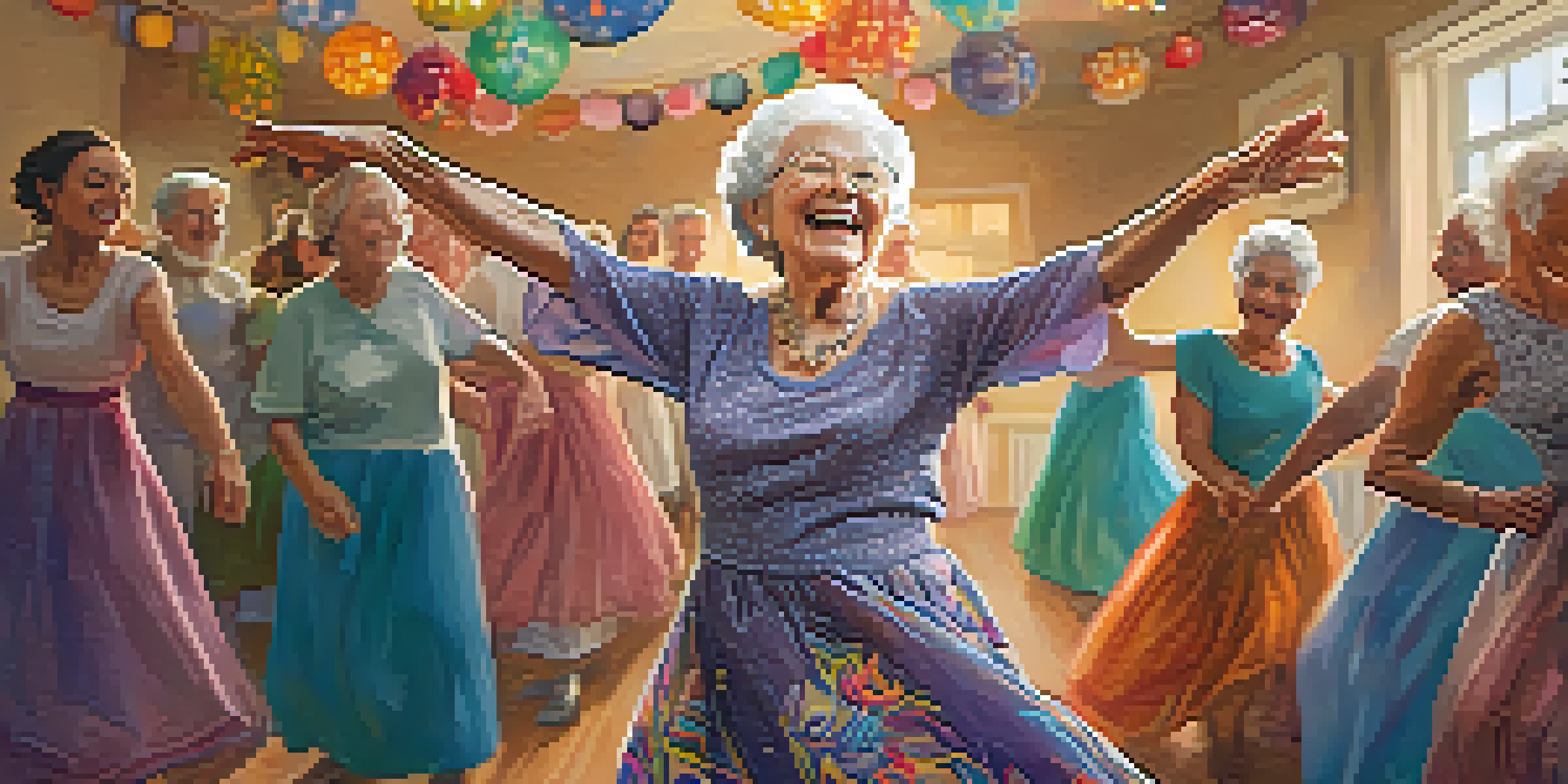 An elderly woman dancing joyfully in a bright room surrounded by other seniors, all expressing happiness through movement.