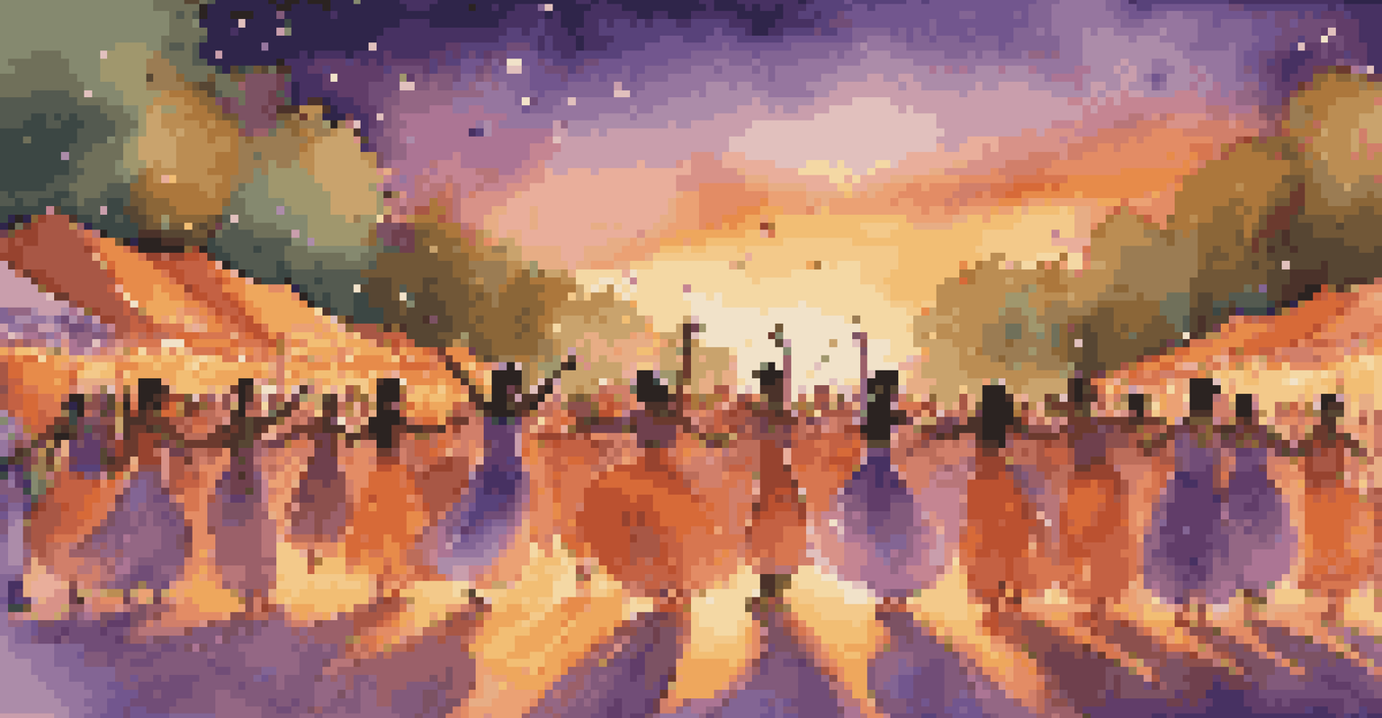 An outdoor dance performance at a festival during sunset, with dancers in colorful costumes on stage and an audience watching, set against a beautiful sky.