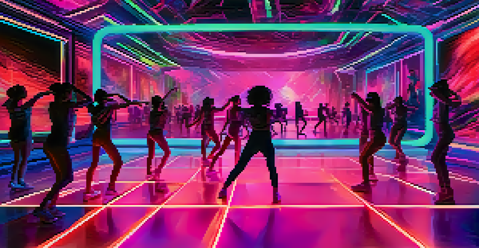 Dancers performing in a virtual reality setting with an audience wearing VR headsets, immersed in a colorful digital experience.