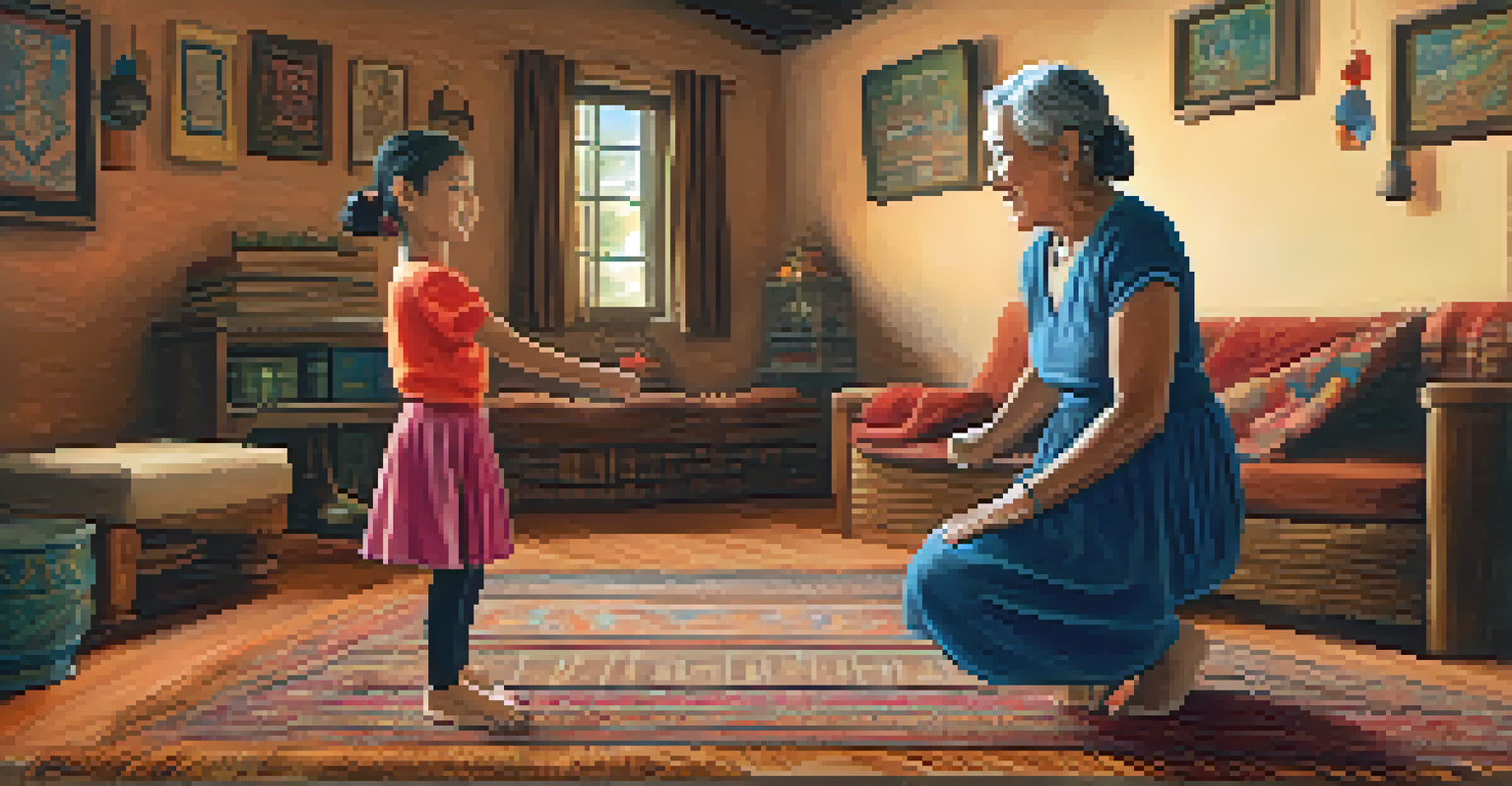 A grandmother teaching her granddaughter traditional dance steps in a cozy living room, showcasing the bond between generations.