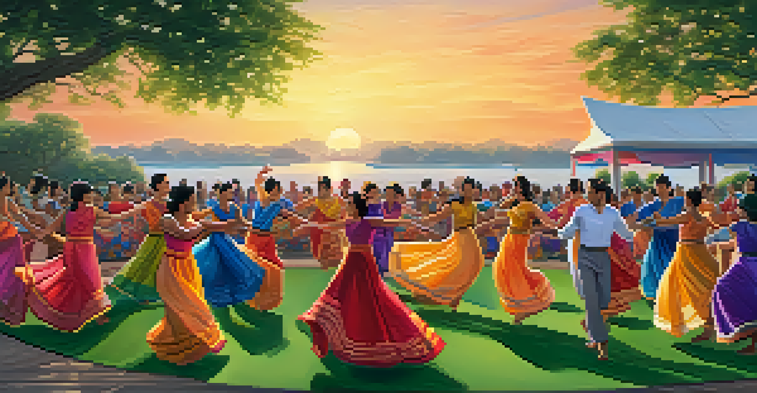 A lively outdoor dance performance featuring dancers from various cultures, set against a beautiful natural backdrop.